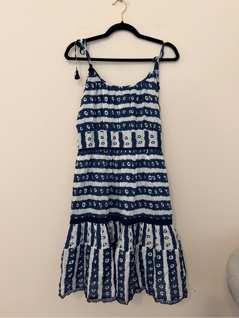 La Plage Blue & White 100% Cotton Sleeveless Dress Sz M Nautical Preppy Coastal